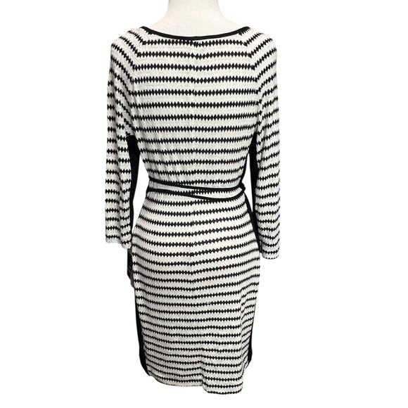 Studio One Knit Dress S Black White Diamond Striped Belted Stretch Work Career - Picture 3 of 14